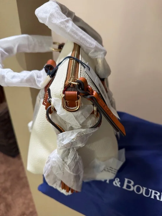 Dooney & Bourke Cream Pebbled Leather Satchel with Brown Trim - Picture 2 of 7